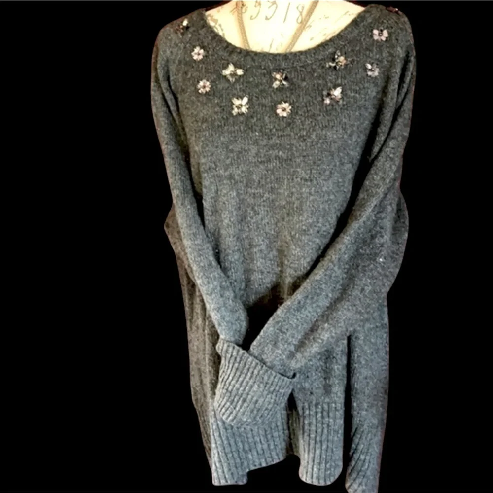 Lane Bryant- Gray sweater with flower embellishments round the neck.